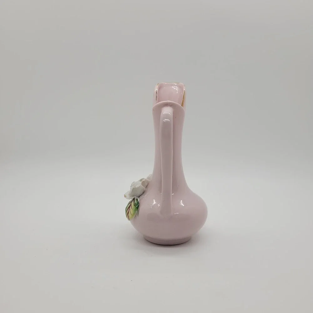 Vintage Betson Hand Painted Pink Ceramic Rose Bud Vase Pitcher Gold Trim‎ 4.5